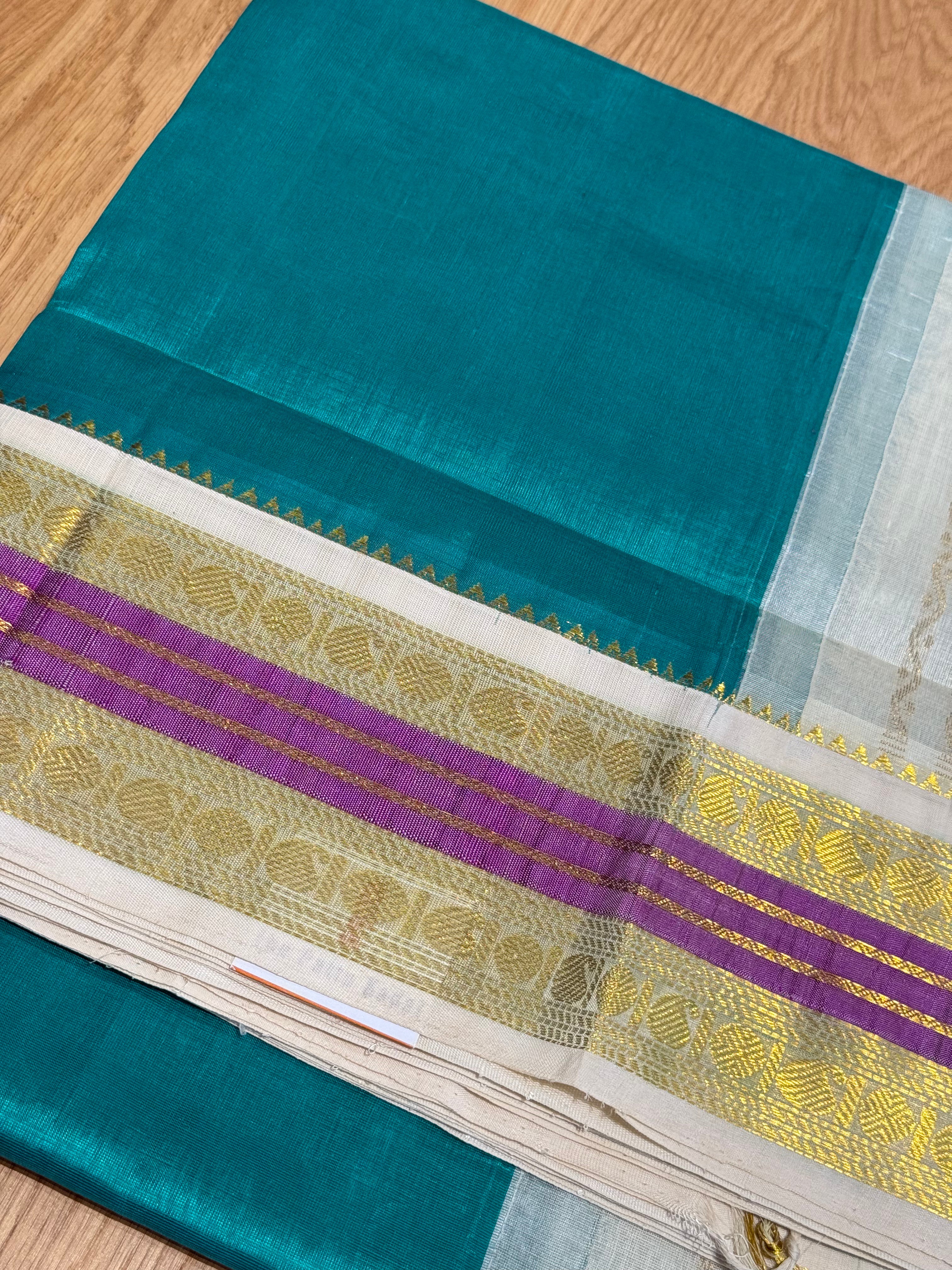 Teal & Ivory Kanchi Silk Cotton Saree